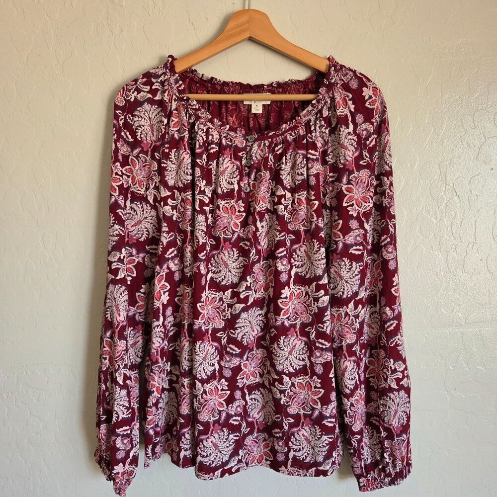 Style & Co Floral Burgundy Long Sleeve Blouse Women's XL Fall Work Career Casual